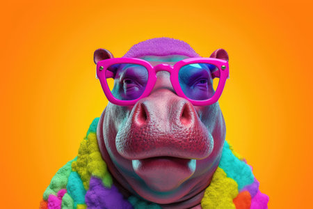Abstract animal Hippopotamus portrait with colorful Afro hairs wearing sunglasses in Hawaii dress theme, Vibrant bright gradients background, with Generative AI.の素材