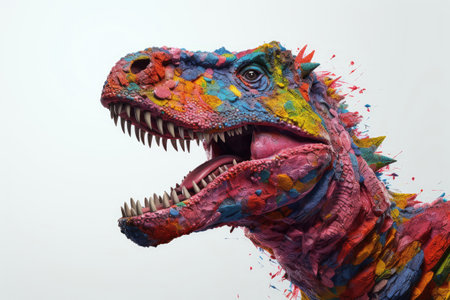 Abstract of Tyrannosaurus rex or T-rex dinosaur portrait in Cretaceous period with multi colored colorful isolated on white background, Vibrant bright, with Generative AI.の素材