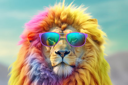 Abstract animal king of Lion portrait with colorful Afro hairs wearing sunglasses in Hawaii dress theme, Vibrant bright gradients background, with Generative AI.の素材