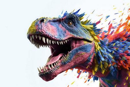 Abstract of Tyrannosaurus rex or T-rex dinosaur portrait in Cretaceous period with multi colored colorful isolated on white background, Vibrant bright, with Generative AI.の素材