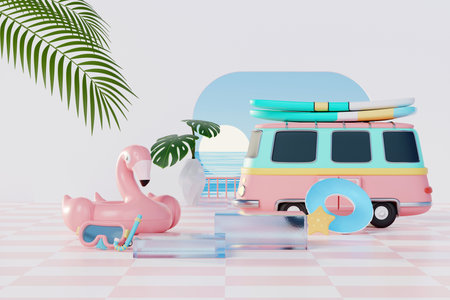 3D render Summer vacation abstract product display, Minimal Realistic Display Podium in the blue ocean sea background concept, Cosmetics with tropical summer island, umbrella, inflatable ring.の写真素材