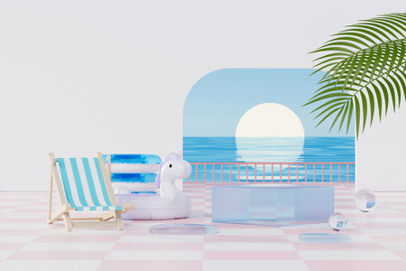 3D render Summer vacation abstract product display, Minimal Realistic Display Podium in the blue ocean sea background concept, Cosmetics with tropical summer island, umbrella, inflatable ring.の写真素材