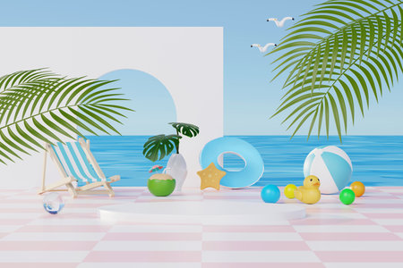 3D render Summer vacation abstract product display, Minimal Realistic Display Podium in the blue ocean sea background concept, Cosmetics with tropical summer island, umbrella, inflatable ring.の写真素材