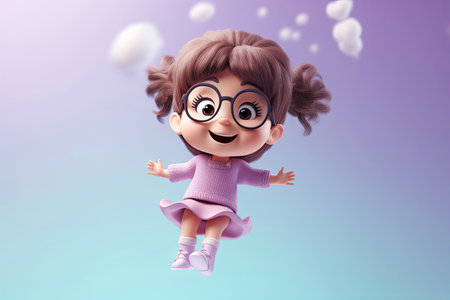 Cute kawaii portrait young or little girl wearing glasses and casual dress that jumping on the air with smile and happiness, floating in colorful background, minimal style, with Generative Ai.の素材