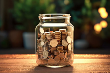 Glass bottle jar with coins money inside saving money for goals and future, financial business concept, putting coin, investment for future, with Generative Ai.の素材