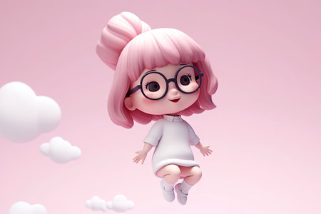 Cute kawaii portrait young or little girl wearing glasses and casual dress that jumping on the air with smile and happiness, floating in colorful background, minimal style, with Generative Ai.の素材