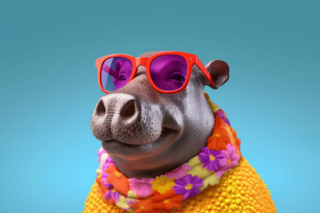 Abstract animal Hippopotamus portrait with colorful Afro hairs wearing sunglasses in Hawaii dress theme, Vibrant bright gradients background, with Generative AI.の素材