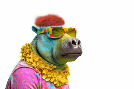 Abstract animal Hippopotamus portrait with colorful Afro hairs wearing sunglasses in Hawaii dress theme isolated on white background, with Generative AI.の素材
