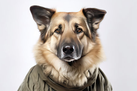 Cute dog German shepherd with soldier costume for military army isolated on white background, funny moment, pet concept, with Generative Ai.の素材