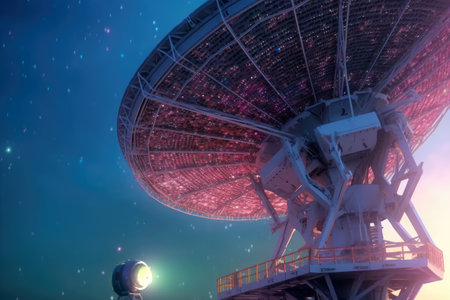 Space satellite dishes that receive signals from outer space with night sky background, radio and frequency wave, satellite orbit for sending signals to ground, with Generative Ai.の素材