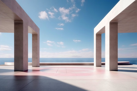Modern concrete architecture building, exterior floor and roof with empty space for mock up with blue sky background, in clean design, with Generative Ai.の素材