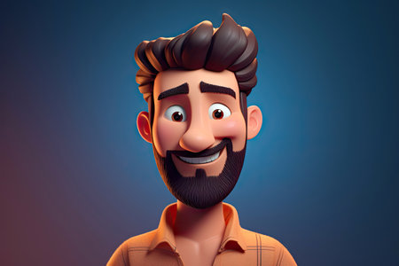 Cute cartoon character portrait smart handsome man pose in front of camera, male with uniform, colorful background, minimal style, with Generative Ai.の素材