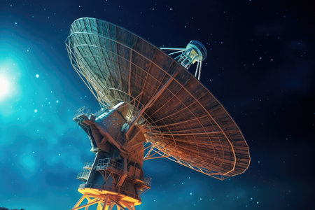 Space satellite dishes that receive signals from outer space with night sky background, radio and frequency wave, satellite orbit for sending signals to ground, with Generative Ai.の素材