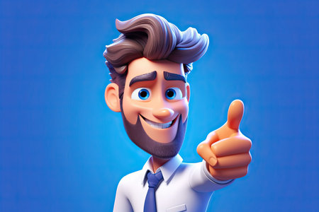 Cute cartoon character portrait smart handsome man pose in front of camera, male with uniform, colorful background, minimal style, with Generative Ai.の素材