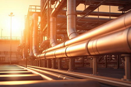Industry pipeline rack for transport crude oil petrochemical with sunset sky background, gas and oil process of running by pipe tubes in factory, perspective view, with Generative AI.の素材