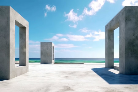 Modern concrete architecture building, exterior floor and roof with empty space for mock up with blue sky background, in clean design, with Generative Ai.の素材
