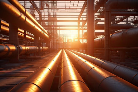 Industry pipeline rack for transport crude oil petrochemical with sunset sky background, gas and oil process of running by pipe tubes in factory, perspective view, with Generative AI.の素材