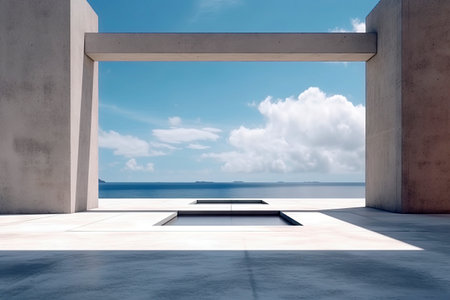 Modern concrete architecture building, exterior floor and roof with empty space for mock up with blue sky background, in clean design, with Generative Ai.の素材