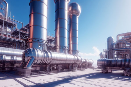 Industry pipeline rack for transport crude oil petrochemical with sunset sky background, gas and oil process of running by pipe tubes in factory, perspective view, with Generative AI.の素材