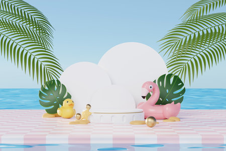 3D render Summer vacation abstract product display, Minimal Realistic Display Podium in the blue ocean sea background concept, Cosmetics with tropical summer island, umbrella, inflatable ring.の写真素材