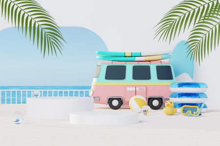 3D render Summer vacation abstract product display, Minimal Realistic Display Podium in the blue ocean sea background concept, Cosmetics with tropical summer island, umbrella, inflatable ring.の写真素材