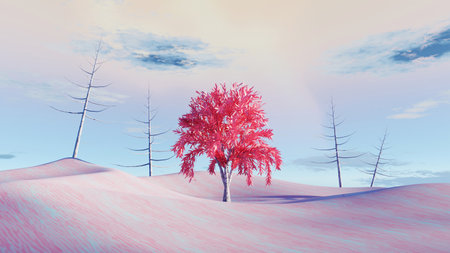 3d render Surreal pastel landscape background with geometric shapes, abstract fantastic desert dune in seasoning landscape with arches, panoramic, futuristic scene with copy space, blue sky and cloudyの写真素材