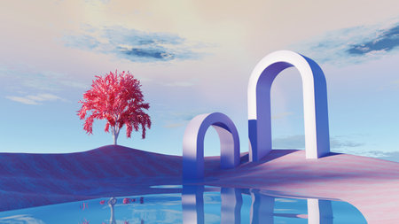 3d render Surreal pastel landscape background with geometric shapes, abstract fantastic desert dune...