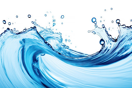 Blue water swirl splash with little bubbles isolated on white background, liquid flowing in form of wave,  with Generative Ai.の素材