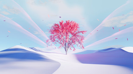 3d render Surreal dune landscape background with alone tree, abstract fantastic desert dune in seasoning landscape environment, panoramic, futuristic scene with copy space, blue sky and cloudyの写真素材
