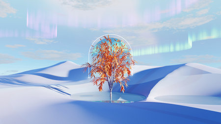 3d render Surreal dune landscape background with alone tree, abstract fantastic desert dune in seasoning landscape environment, panoramic, futuristic scene with copy space, blue sky and cloudyの写真素材