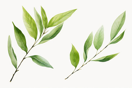 Watercolor Matcha Green tea elements leaves objects isolated on white background, various Japan matcha leaf plant, morning drinks, delicious beverages clipart set, with Generative Ai.の素材