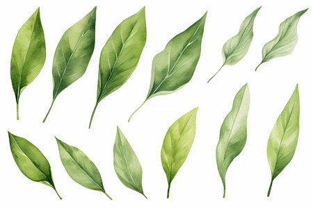 Watercolor Matcha Green tea elements leaves objects isolated on white background, various Japan matcha leaf plant, morning drinks, delicious beverages clipart set, with Generative Ai.の素材