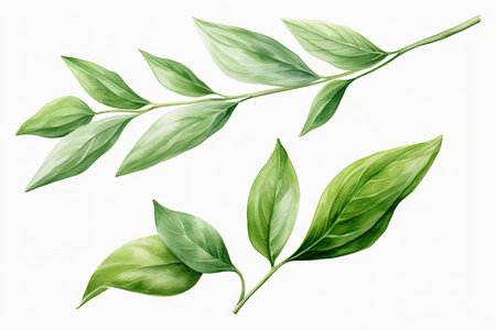 Watercolor Matcha Green tea elements leaves objects isolated on white background, various Japan matcha leaf plant, morning drinks, delicious beverages clipart set, with Generative Ai.の素材