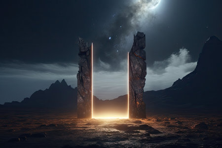 Abstract portal stone gate with neon glowing light in the dark space landscape of cosmic, rocky mountain stone field, spectrum light effect, with Generative Ai.の素材
