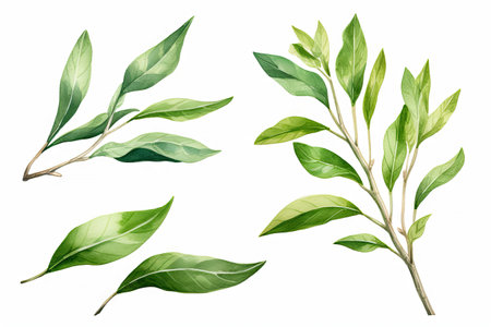 Watercolor Matcha Green tea elements leaves objects isolated on white background, various Japan matcha leaf plant, morning drinks, delicious beverages clipart set, with Generative Ai.の素材