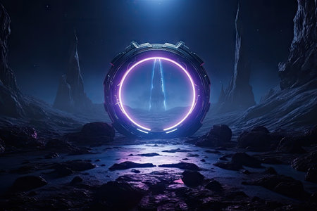 Abstract portal stone gate with neon glowing light in the dark space landscape of cosmic, rocky mountain stone field, spectrum light effect, with Generative Ai.の素材