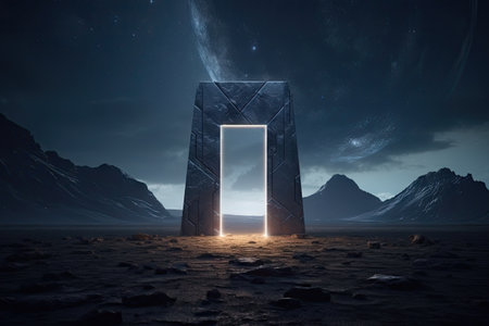 Abstract portal stone gate with neon glowing light in the dark space landscape of cosmic, rocky mountain stone field, spectrum light effect, with Generative Ai.の素材