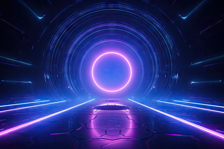 Abstract portal stone gate with neon glowing light in the dark space landscape of cosmic, rocky mountain stone field, spectrum light effect, with Generative Ai.の素材