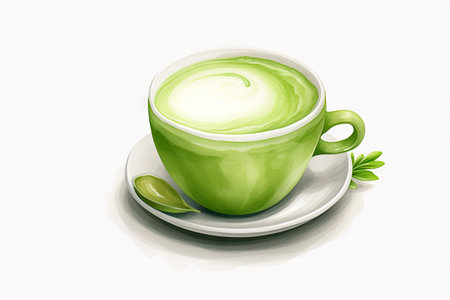 Watercolor Matcha Green tea elements menu objects isolated on white background, various Japan matcha cups in cafe shop, morning drinks, delicious beverages clipart set, with Generative Ai.の素材
