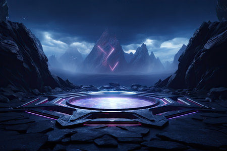 Abstract portal stone gate with neon glowing light in the dark space landscape of cosmic, rocky mountain stone field, spectrum light effect, with Generative Ai.の素材