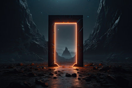 Abstract portal stone gate with neon glowing light in the dark space landscape of cosmic, rocky mountain stone field, spectrum light effect, with Generative Ai.の素材