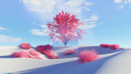 3d render Surreal dune landscape background with alone tree, abstract fantastic desert dune in seasoning landscape environment, panoramic, futuristic scene with copy space, blue sky and cloudyの写真素材