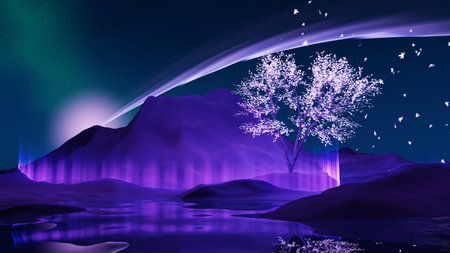 3d render Surreal dune landscape background with alone tree, abstract fantastic desert dune in seasoning landscape environment, panoramic, futuristic scene with copy space, blue sky and cloudyの写真素材