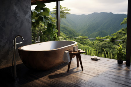 Modern minimal outdoor bathroom terrace with beige cozy tone style and mountain forest view outside, decorate with wooden decor, bathtub, sink, towels, and brown tone background, with Generative Ai.の素材