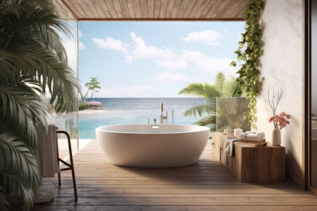 Modern minimal outdoor bathroom terrace with beige cozy tone style and sea view outside, decorate with wooden decor, bathtub, sink, towels, and brown tone background, with Generative Ai.の素材