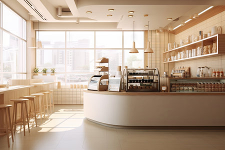 Minimal interior design coffee cafe bar shop with beige cozy tone style and with glossy ivory white round corner counter, coffee machinery, with Generative Ai.の素材