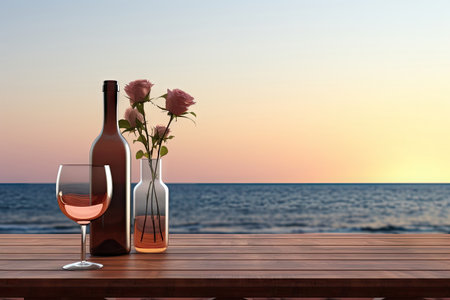 Close up of couple wine champagne glasses and bottle for celebration on wooden table with sea view and sunset sky background, chilling day, romantic dating, with Generative Ai.の素材