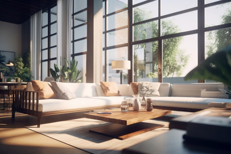Minimal interior design living room with beige cozy tone style and glass window wall, decorate with sofa, bookshelf, armchair, wood table, and brown tone background, with Generative Ai.の素材