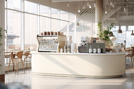 Minimal interior design coffee cafe bar shop with beige cozy tone style and with glossy ivory white round corner counter, coffee machinery, with Generative Ai.の素材
