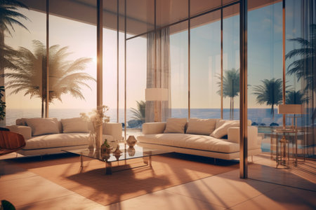 Minimal interior design living room with beige cozy tone style and glass window wall, decorate with sofa, bookshelf, armchair, wood table, and brown tone background, with Generative Ai.の素材